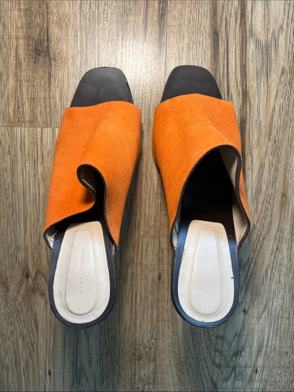 NWOT Zara Orange Suede Open-Toe Gold Heeled Mules Size 41 or 10